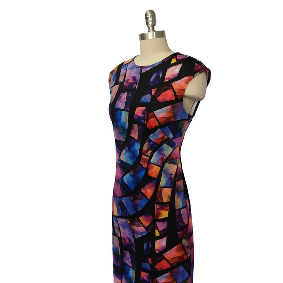 Joseph Ribkoff Stained Glass Sheath Dress Size 8 Cap Sleeve Knee Length Career - Picture 4 of 8